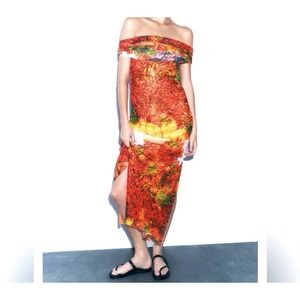 Zara Chili Pepper Print Mesh Off-The-Shoulder Midi Dress Size Small NWOT